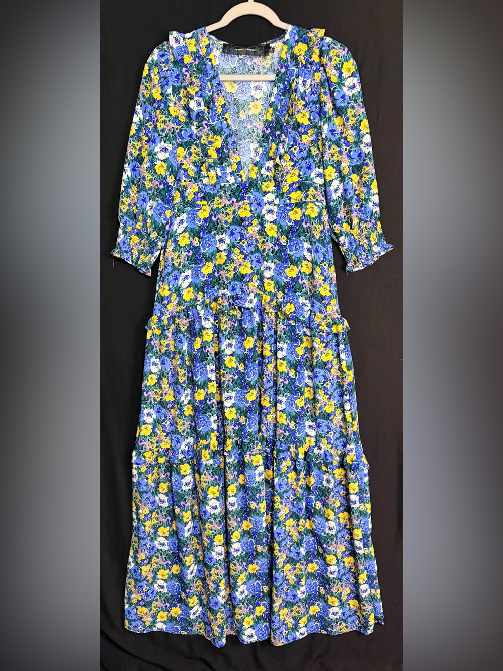 Code x Mode S Floral V-Neck Maxi Dress in Blue & Yellow tiered layer skirt puff